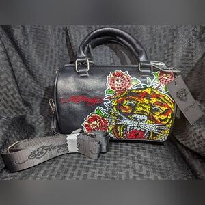 Black Ed Hardy Tiger Stone Satchel Purse with Strap.